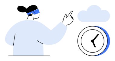 Bulut ve saat simgelerini gösteren VR kulaklıklı şahıs. Teknoloji için ideal, sanal gerçeklik, geleceksel yenilik, zaman yönetimi, bulut hesaplama, üretkenlik, basit düz metafor