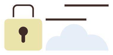 Bulutun yanında asma kilit, veri güvenliğini ve çevrimiçi korumayı vurguluyor. Siber güvenlik, bulut depolama, şifreleme, gizlilik, bilişim çözümleri, sanal güvenlik ve dijital güven için ideal. Basit düz