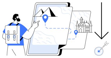 Sırt çantalı gezgin, içinde dağların, şatonun, lokasyon iğnelerinin ve hedef ikonun bulunduğu dijital haritayı gösteriyor. Seyahat, navigasyon, turizm, macera, keşif planlama ve hedefler için ideal