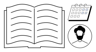 Astarlı sayfaları olan açık bir kitap, tarihli bir takvim ve bir erkek kullanıcı profili simgesi. Eğitim, eğitim planlama, programlama, okuma, organizasyon zaman yönetimi kullanıcı profili için idealdir. Basit düz