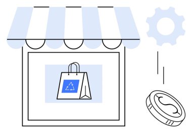 Geri dönüşüm temalı alışveriş çantası, para birimi parası ve çevre dostu alışverişi destekleyen vites simgesi olan bir mağaza önü. Sürdürülebilirlik, ticaret, e-ticaret, perakende, finans, yenilik için ideal