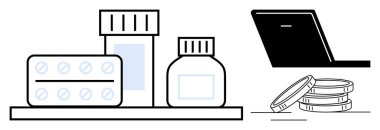 İlaç şişeleri, hap şişeleri, dizüstü bilgisayarlar ve madeni paralar sağlık, teletıp, çevrimiçi ödeme, farmakoloji, tıbbi giderler dijital sağlık yeniliklerini vurguluyor. Modern tıp için idealdir.