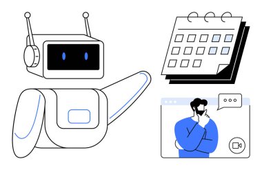 Robot takvime işaret ediyor, görev otomasyonunu temsil ediyor, video kullanımında kullanıcı ile birlikte. Teknoloji, yapay zeka, uzaktan çalışma, üretkenlik, gelecekteki trendler zaman yönetimi kullanıcı etkileşimi için idealdir. Basit düz