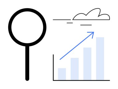 Yukarı doğru ok ve küçük bulutlarla kaplı bir çubuk grafiğinin yanında büyüteç. Büyüme, analiz, başarı, gelişme, araştırma, finansal trendler, iş stratejisi için idealdir. Basit bir daire.