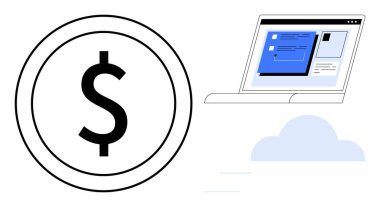 Dolar parası, dijital içerikli dizüstü bilgisayar arayüzü ve bulut grafiği. Fintech, e-ticaret, dijital ödeme, çevrimiçi platformlar, finans hizmetleri, bulut teknolojisi basit düz metafor