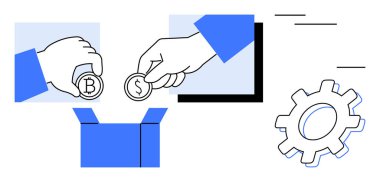Eller kripto ve bozuk paraları bir kutuya koyar, dişliler yeniliği veya verimliliği sembolize eder. Takım çalışması, finansman, yatırım, teknoloji, kripto para birimi, yenilik, küresel işbirliği için ideal