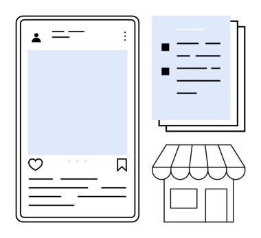 Sosyal medya arayüzü yorumlar ve tepkilerle birlikte sosyal medya düzenini, kontrol listesi belgesi ve depolama önlemini gösteriyor. İş stratejisi, pazarlama, e-ticaret, içerik oluşturma, üretkenlik için ideal