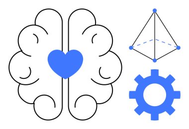 Merkezde kalbi olan beyin, geometrik şekil ve teçhizat duygusal zekayı, problem çözmeyi, yaratıcılığı, takım çalışmasını, veri analizini, kişisel gelişimi, yeniliği ve basit düz metaforu sembolize eder.