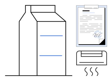 Süt kutusu şeklindeki yazıcı, imzalı belge, baskı kağıdı ve organize edilmiş kağıt işi. İş akışı, verimlilik, ofis işi, sözleşmeler, anlaşma belgeleri için ideal basit bir daire