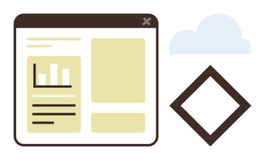 Veri tablosu ve metin içeren tarayıcı penceresi, bulut grafiği, elmas şekli. Analiz, veri yönetimi, bulut yazılımı, modern tasarım, teknoloji, bilgi sistemleri için ideal basit düz metafor