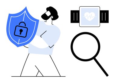 Adam kalkanı kilitle tutuyor, akıllı adam kalp atışı simgesi gösteriyor ve büyüteç de analizi simgeliyor. Güvenlik, gizlilik, teknoloji, sağlık, veri analizi, dijital araçlar için ideal