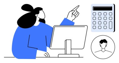 Masaüstü bilgisayarında çalışan bir kadın, bilgiyi incelerken işaret ediyor. Yakınlarda bir hesap makinesi ve profil çemberi var. İş, teknoloji, eğitim, takım çalışması, veri gözden geçirme iletişimi için ideal