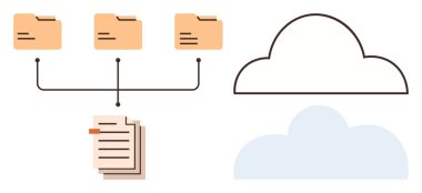 Bir buluta bağlanan dizinler ve veri organizasyonu, paylaşım ve yedeklemeyi sembolize eden bir yığın belge. Bulut hesaplama, veri yönetimi, takım çalışması, dijital iş akışı, ağ depolama için ideal