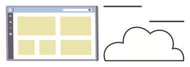 Veri depolama, paylaşma ve bulut hesaplamasını gösteren bulut anahatlarının yanındaki ağ tarayıcı düzeni. Teknoloji, web geliştirme, çevrimiçi platformlar, bulut hizmetleri, dijital için ideal