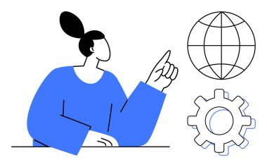 Yukarıya doğru bir el hareketi, küresel bağlantıları sembolize eden bir küre ve teknoloji ve takım çalışması için teçhizat. Yenilik için ideal, iş stratejisi, eğitim, yaratıcılık, rehberlik