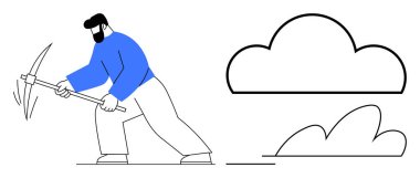 Veri çıkarma işleminin göstergesi olarak sembolik bulut yakınlarında kazma sallayan adam. Teknoloji, bulut hesaplama, veri madenciliği, dijital kaynaklar, yenilik, çaba, basit düz metafor için ideal