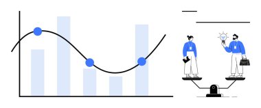 Veri noktaları ve çubukları olan çizgi grafiği, iki bireyin denge ölçeğinde fikir alışverişinde bulunması ile birlikte. Analiz, takım çalışması, yenilik, karar verme, eşitlik, liderlik için ideal.