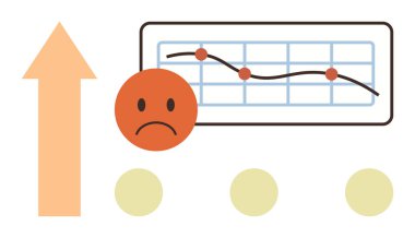 Aşağıya doğru eğimli çizgilerle üzgün yüz ifadesi. Yukarı doğru büyük ok performansa zıt düşer. İş için ideal, analitik, hata analizi, düşüş, performans, duygular, basit düz metafor