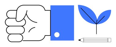 Gücü ve kararlılığı temsil eden yumruk, büyüme ve sürdürülebilirlik için mavi yaprak, yaratıcılık ve ifade için kalem. Güçlendirme, ekoloji, sanat, eğitim, yenilik ve liderlik için ideal