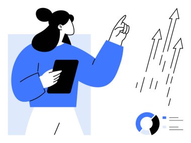 Elinde tablet tutan ve yukarı doğru çıkan okları işaret eden bir kadın, bir pasta grafiğinin yanında. Başarı, strateji, yenilik, ilerleme, liderlik, analitik iş büyümesi için idealdir. Basit düz