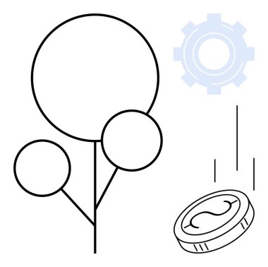 Dalları, vites ana hatları ve düşen bozuk paraları olan minimalist ağaç büyüme, yenilik, sürdürülebilirlik ve yatırımı simgeliyor. Ekonomi, iş, girişim finansman geliştirme ortamı için ideal