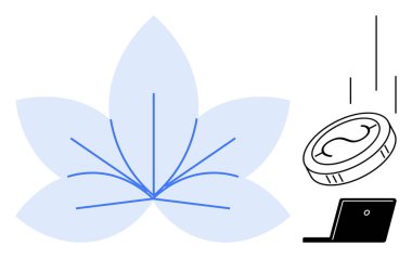 Çiçek yaprakları dijital para ve dizüstü bilgisayarla birleştirilmiş. Fintech, eko-ekonomi, yenilik, sürdürülebilir finans, yatırımlar, online ödemeler, modern iş için idealdir. Basit düz metafor