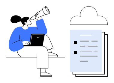 Dizüstü bilgisayarda çalışırken teleskop kullanan bir kadın, dijital bir bulutun yanında yığınla belge. Araştırma, bulut depolama, keşif, yenilik, veri analizi, yaratıcılık ekip çalışması için ideal. Basit düz