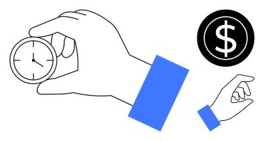 Küçük bir saati tutan el, dolar işaretini gösteren bir el daha. Finans, zaman yönetimi, üretkenlik, verimlilik, yatırım, öncelikler iş-yaşam dengesi için idealdir. Basit düz