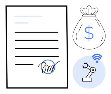 Fonu simgeleyen bir çanta dolusu para ve teknoloji yeniliğini temsil eden robotik bir kol ile imzalanmış bir sözleşme. İş, finans, yatırım, otomasyon, anlaşmalar, endüstriler için ideal