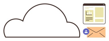 E- posta zarflı bulut sembolü, kullanıcı profili simgesi ve dijital depolama, paylaşma ve ağ oluşturma için tarayıcı penceresi. Veri yönetimi, bulut hesaplaması, iletişim, bağlantı için ideal