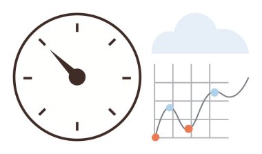 Saati gösteren saatler, birbirine bağlı veri noktaları olan grafikler ve yukarıdaki bulutlar. Üretkenlik, analitik, planlama, tahmin, dijital trendler, verimlilik için ideal basit düz metafor