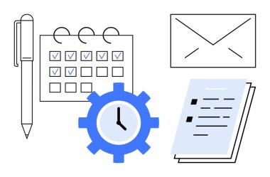 Kalem, takvim, karton kutular, zarf, saat teçhizatı ve belgeler planlama, planlama, organizasyon, hedef izleme iletişimi karar verme etkinliğini temsil ediyor. İş akışı görevi için ideal