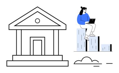 Çubuk grafiklere otururken dizüstü bilgisayar kullanan bir kadınla birlikte basit bir banka binası. Finans, analitik, teknoloji, eğitim, ticaret, ekonomi ve bankacılık konuları için idealdir. Modern daire