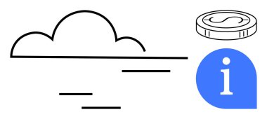 Veri transferini, mavi bilgi simgesini ve sikkeyi simgeleyen yatay çizgileri olan bulut. Teknoloji, finans, bulut hizmetleri, dijital ekonomi, bilgi paylaşımı, fintech modern ekonomi için ideal