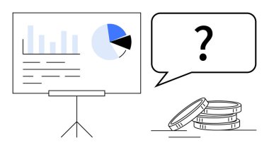 Tablo grafikleri ve pasta grafiği, konuşma balonu ve soru işareti olan bozuk paralar. İş planlaması, mali analiz, yatırım stratejisi, ekonomik araştırma ve kar optimizasyonu için ideal