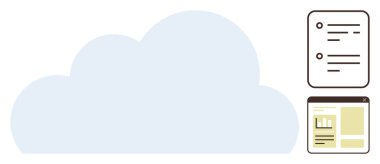 Dijital belgeleri ve veri arayüzü olan büyük bulut, dosya depolama ve analizleri gösteriyor. Teknoloji, veri yönetimi, belge paylaşımı, bulut hizmetleri, yenilik, verimlilik, basit