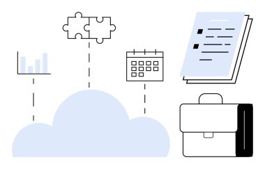 Bar grafiği, bulmaca parçaları, takvim, belgeler ve evrak çantası. İş, teknoloji, bulut depolama verimlilik organizasyonu veri yönetimi takım çalışması kavramları için idealdir. Basit.