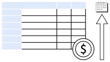 Yükselen oku, dolar simgesi ve takvimi olan veri tablosu. Basit bir metafor olarak finans, iş planlaması, büyüme takibi, bütçe belirleme, yatırım, karar verme ve muhasebe için ideal