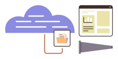 Bir klasör simgesine, belgeye ve bir web paneline bağlı bulut grafiği. Veri yönetimi, bulut hesaplama, dijital depolama, teknoloji, iş analitik organizasyonu iletişimi için ideal. Basit.