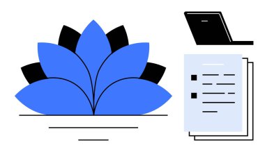 Mavi nilüfer çiçeği organize belgeler ve dizüstü bilgisayarla eşleştirildiğinde uyum, verimlilik, büyüme, organizasyon, farkındalık, verimlilik ve dengeyi gösterir. İş-yaşam dengesi ve maneviyat için ideal.