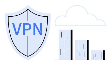 Bulut ve alçalan çubuk grafiğinin yanında VPN etiketli, çevrimiçi güvenlik, veri gizliliği, bulut depolama, analitik, siber güvenlik, verimlilik ve güvenilirliği gösteriyor. Teknoloji için ideal