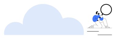 Büyüteçle diz çöküp büyük bir bulutu inceleyen kişi. Veri analizi, bulut bilgisayarı, teknoloji, araştırma, soruşturma, siber güvenlik, bilgi edinme için ideal. En düşük düz