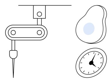 Robot imalat kolu, avokado şekli ve zaman yönetimi, sağlık, mekanik ve verimliliği vurgulayan analog saat. Otomasyon için ideal, üretkenlik, beslenme dengesi hassasiyet iş akışı