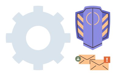 Dişliler sistem operasyonlarını, koruma kalkanını ve iletişim zarflarını sembolize eder. Veri güvenliği, sistem yönetimi, dijital iletişim, siber güvenlik, alarmlar, iş akışı için ideal basit