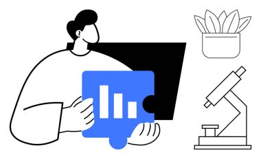 Çubuk çizelgesiyle problemleri çözmeye odaklanmış bir yapboz parçası. Diğer elementler arasında bir mikroskop ve saksı bitkisi yer alıyor. Veri analizi, araştırma, yenilik ve bilim için ideal