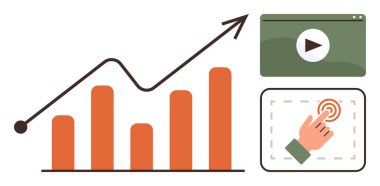 Yükseltici eğilim çizelgesi olan çubuk çizelgesi, ortam ekranında çalma düğmesi, bir düğmeye basan el simgesi. Pazarlama, analitik, büyüme, strateji, medya etkileşimi eğitimi için ideal. Basit düz metafor
