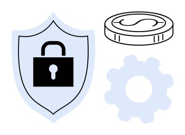 Güvenlik için kalkan, teknoloji için teçhizat, finans için para. Siber güvenlik, fintech, veri koruması, dijital güvenlik, yenilik, risk yönetimi basit düz metafor