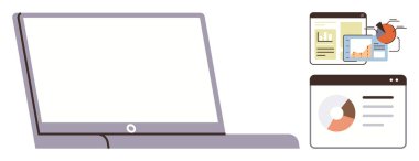 Boş ekranlı dizüstü bilgisayar, çizelgeler, grafikler ve raporları gösteren dijital pencerelerle birlikte. Veri analizi, dijital iş akışı, iş planlaması, finans ve teknoloji sunumu için ideal