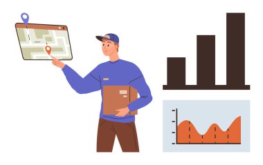 Elinde harita gösteren bir paket tutan kişi var. Konum işaretleyicileri, çizgi grafiği, çizgi çizelgesi. Teslimat, lojistik, izleme, planlama, veri analizi zinciri işletmeleri için ideal. Basit.