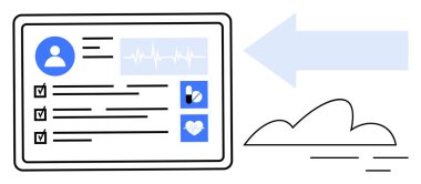 Kontrol listeleri, sağlık veri simgeleri ve istatistikleri olan kullanıcı profili paneli. Büyük mavi ok ekrandan çıkıyor, bulut tasarımı. Sağlık, teknoloji, analitik, veri verimliliği izleme için ideal